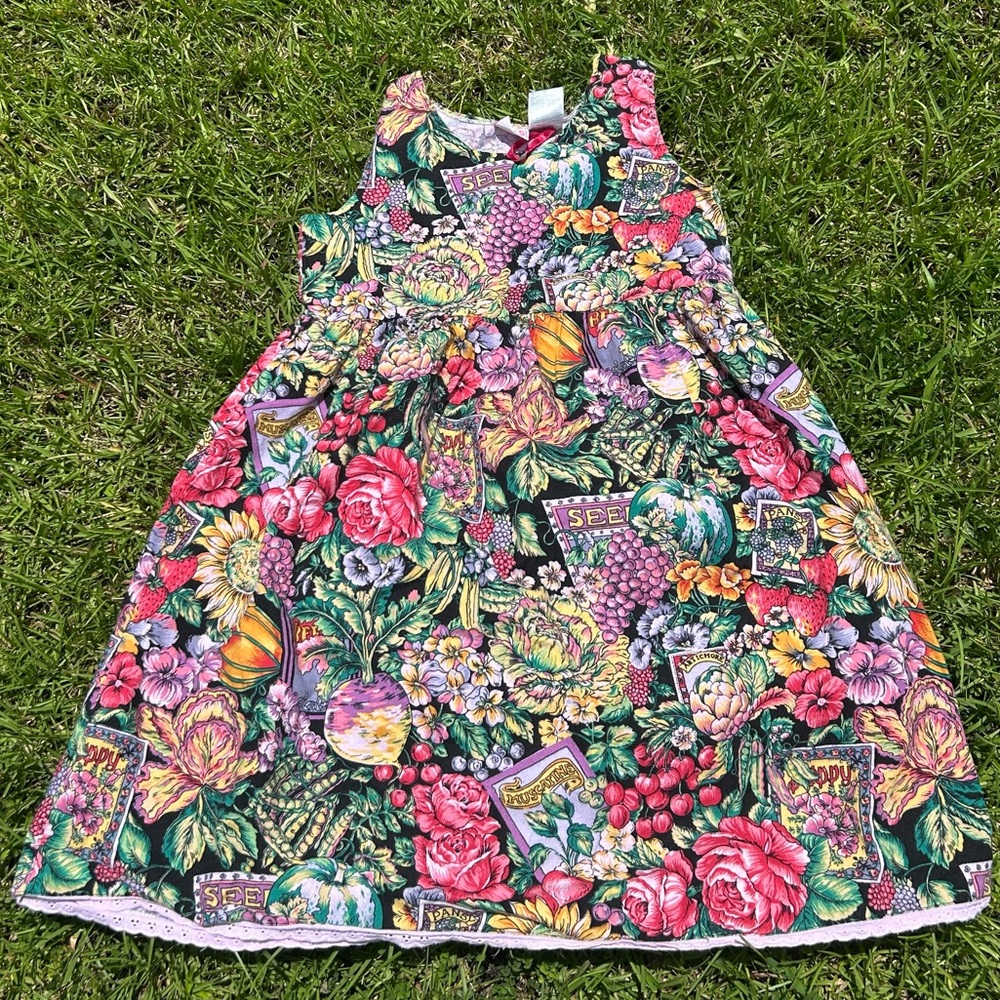 Vtg Colorful Garden Print Kids Dress